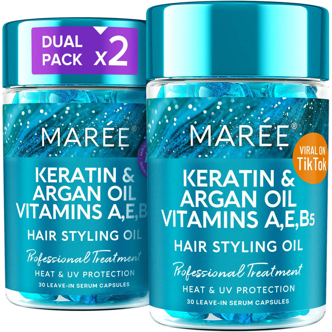 MAREE Hair Vitamins - Hair Oil for Frizzy - Keratin Styling Capsules 2 PACK with Jojoba & Argan Oil - Anti Frizz Serum for Women - Frizzy, Damaged, Dry - Sérum Gotas & Aceite Para el Cabello