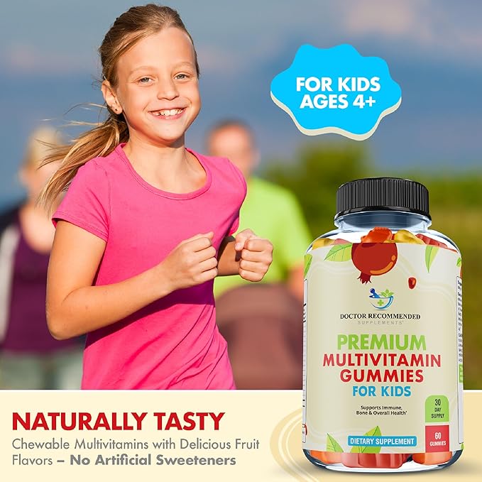 Premium Multivitamin Gummies for Toddlers & Kids - Chewable Essential Daily Vitamins A, C, D3, E, B6, B12, Biotin - No High-Fructose-Corn-Syrup or Artificial Sweeteners - 60 Gummies, 30-Day Supply