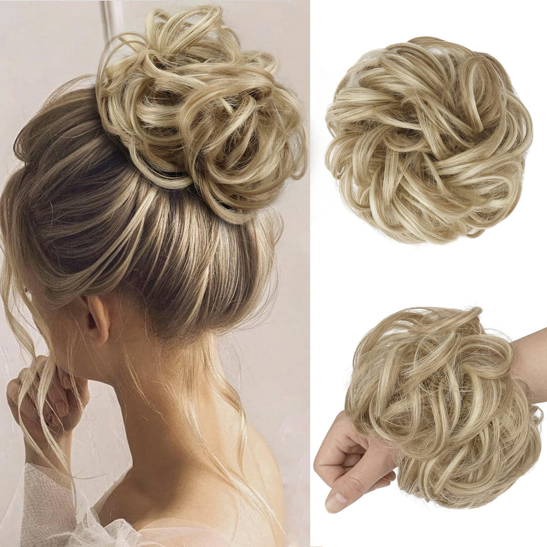 FESHFEN Messy Bun Hair Piece - Large Wavy Curly Elastic Hair Bun Scrunchies Ponytail Extensions Synthetic Chignon Hairpieces for Women, Light Ash Brown & Bleach Blonde 1.94oz