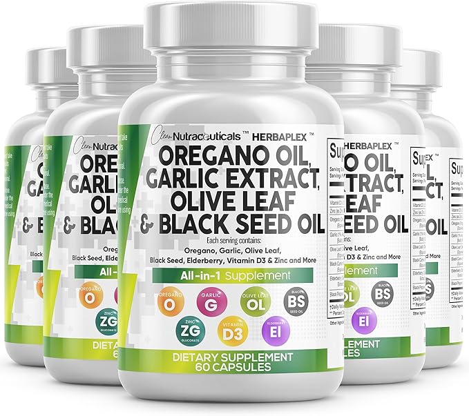 Clean Nutraceuticals Oregano Oil Garlic Extract Olive Leaf Black Seed Oil- Immune Support & Digestive Health Supplement for Women and Men with Vitamin D3 & Zinc - 5Pack