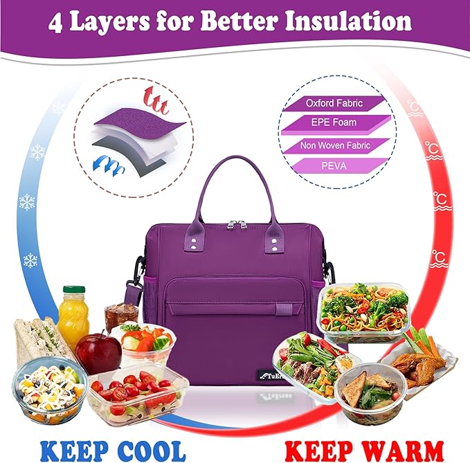 Purple Lunch Box for Women Insulated Lunch Bag Fits Bento Boxes, Snack and Foods, Ladies Lunch Tote Bag for Mother Mom Sister Friend Wife Her
