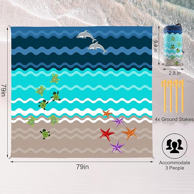 Beach Blanket Waterproof Sandproof, 79x79Inch Sand Free Beach Mat, Quick Drying, Light Weight and Portable Outdoor Picnic Mat for Travel, Camping