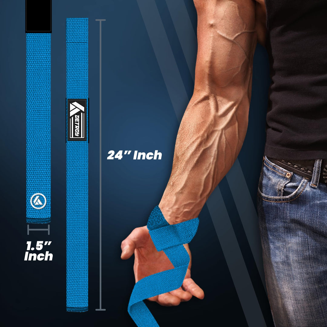 Detroy® Lifting Wrist Straps for Weightlifting, Deadlifts, Bodybuilding, Powerlifting, Gym Strength Training Workouts - Padded Neoprene with 24 inch Webbing Cotton with Silicone Grip for Men & Women (Blue)