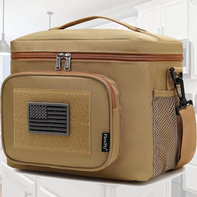 FlowFly Lunch Bag, Insulated Cooler, Thermal Lunch Box Tote with MOLLE/PALS Webbing, Adjustable Padded Shoulder Strap, for Tactical Men Women Adults and Boys Girls Kids (Brown, Large)