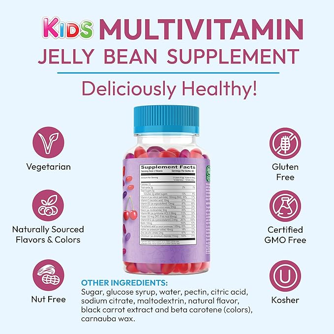 Multivitamin Jelly Bean Gummies with Zinc for Kids, Immune Support Dietary Supplements, Vegetarian, 120 Berry Blast Jelly Beans, Kosher