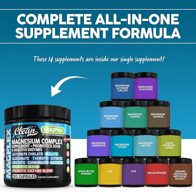8in1 Magnesium Supplement Complex | Magnesium Glycinate Citrate Malate Gluconate Orotate Carbonate Lactate + Prebiotics Probiotics Digestive Enzymes Magnesio Capsules for Women Men by Clean Nutra