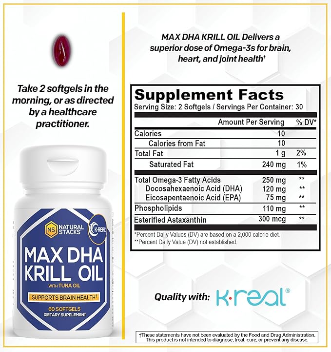 Antarctic Krill Oil Supplement - DHA EPA Omega 3 Supplement with Antioxidant Astaxanthin - Omega 3 Fish Oil to Support Brain, Heart & Joint Health - 60 Krill Oil SoftGels
