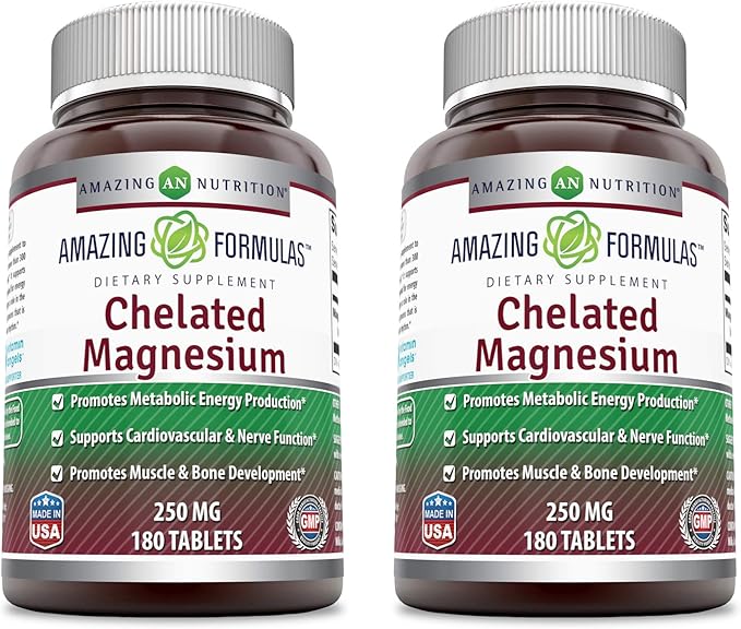Amazing Formulas - Chelated Magnesium Dietary Supplement - 250 Milligrams - 180 Tablets (Non-GMO, Gluten Free) Promotes Muscle and Bone Health - Supports Metabolic Energy Production. * (Pack of 2)