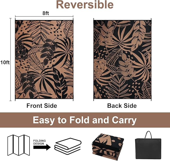 Anidaroel 8x10 Leaf Outdoor Rug for Patios Clearance, Waterproof Camping Rug for Outside RV, Reversible Plastic Straw Outside Area Rugs for Garden, Camper, Picnic, Beach(Black/Brown,8'x10')