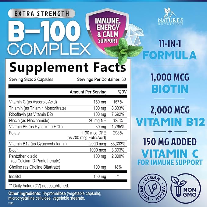 Vitamin B Complex Capsules with Vitamins B6 B12 B100 C Biotin Folate & Folic Acid - Supplement for Heart, Brain, & Nerve Support - Super Complete B-Complex for Immune & Energy Support - 120 Capsules