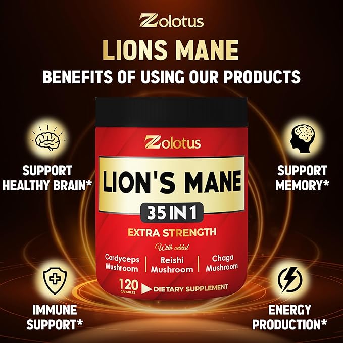 Zolotus 35 in 1 Lions Mane Mushroom Capsules Cordeyceps, Reishi, Elderberry, Ashwagandha, Panax Ginseng - 120 Count