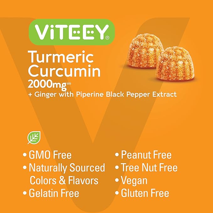 Turmeric Gummies with Turmeric Curcumin 2000mg, Ginger & Black Pepper Extract - Immune Support, Healthy Skin, and Joint Health - Vegan, Gelatin Free, GMO Free - Tasty Chewable Peach Flavored Gummy