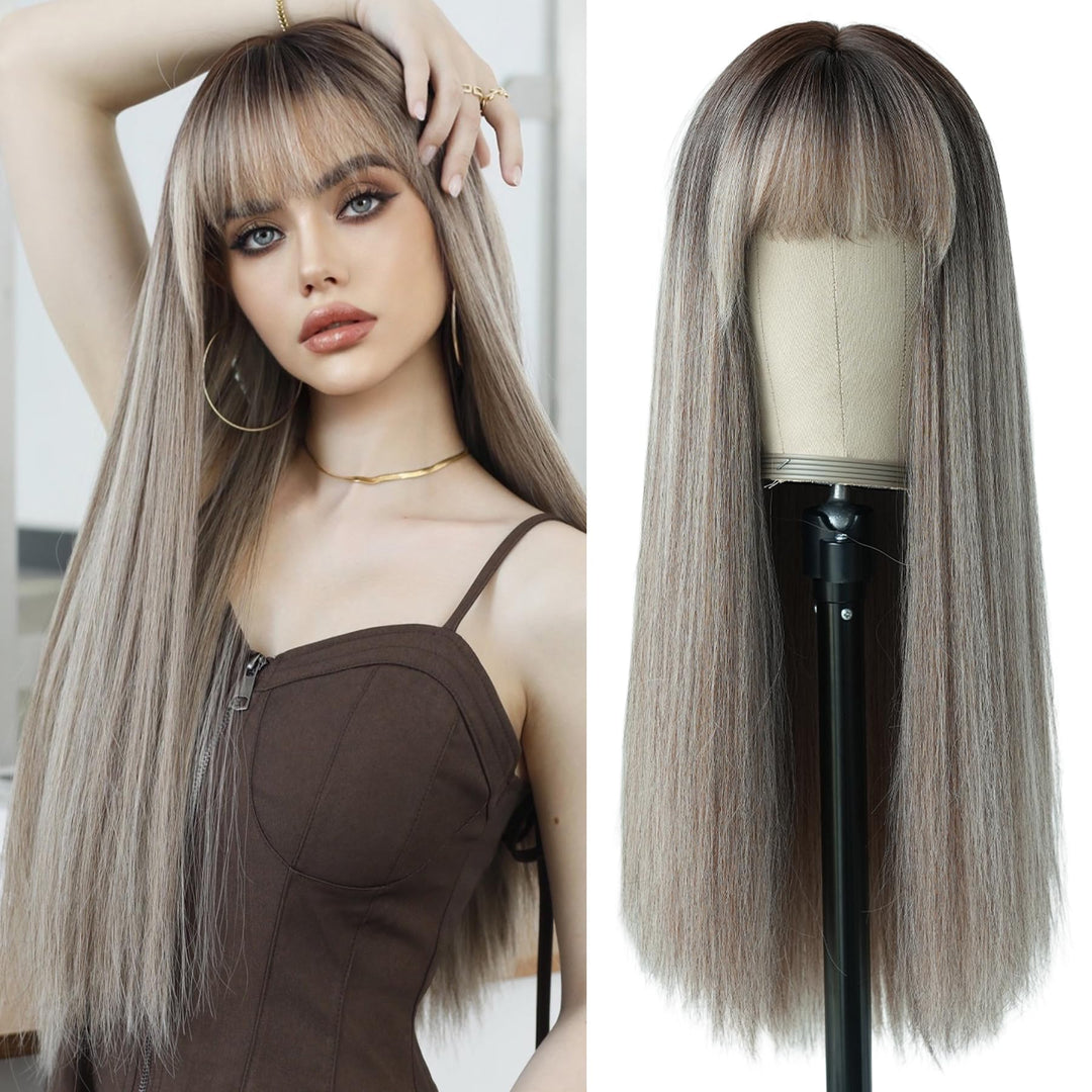 7Jhh Wigs 26Inch Long Straight Wig With Bangs Grey Brown Wig With Dark Roots Heat Resistant Beige Blonde Highlight Ombre Synthet
