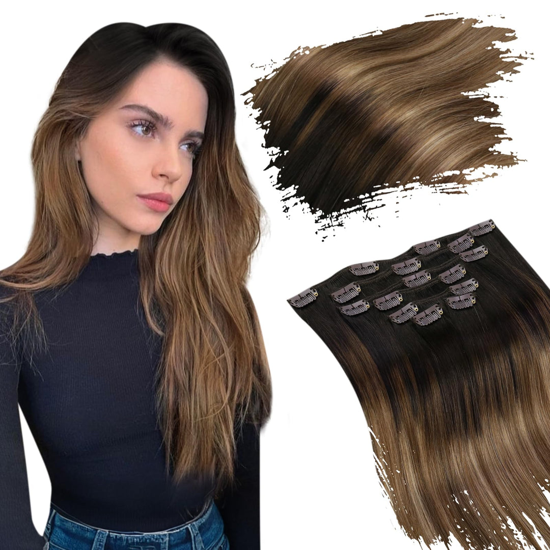 Ugeat Balayage Hair Extensions Clip In Human Hair Darkest Brown Mix Medium Brown With Golden Brown Ombre Clip In Hair Extensions