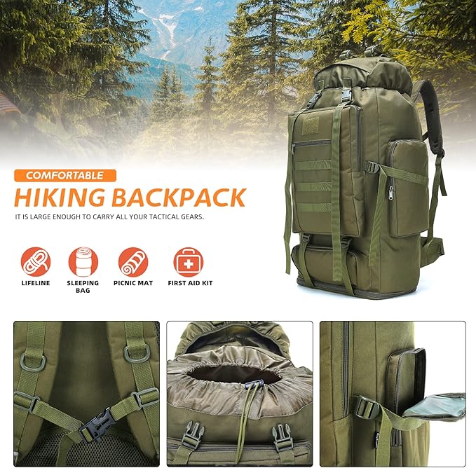 70L/100L Hiking Camping Backpack MOLLE Rucksack Waterproof Daypack for Traveling (Army Green)