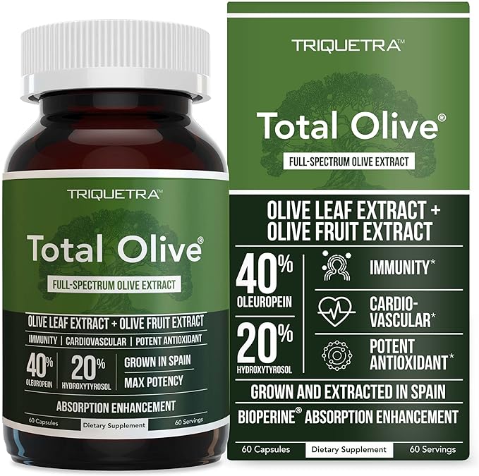 Total Olive® - Olive Leaf Extract (40% Oleuropein) Plus Olive Fruit Extract (20% Hydroxytyrosol) – Full Spectrum Extract Grown & Extracted in Spain – BioPerine Absorption Enhancement (60 Count)