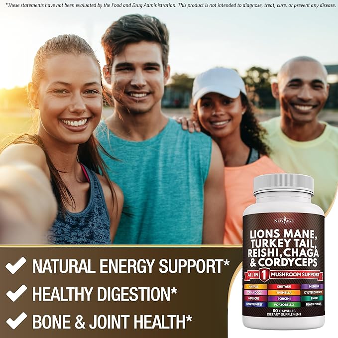 NEW AGE Lions Mane Mushroom Supplement with Turkey Tail Reishi Cordyceps Chaga with Marshmallow Root - 120 Count