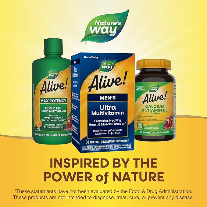 Nature's Way Alive! Men's Daily Ultra Multivitamin, High Potency Formula, Promotes Healthy Heart & Muscle Function*, with Methylated B12, Gluten Free, 60 Tablets