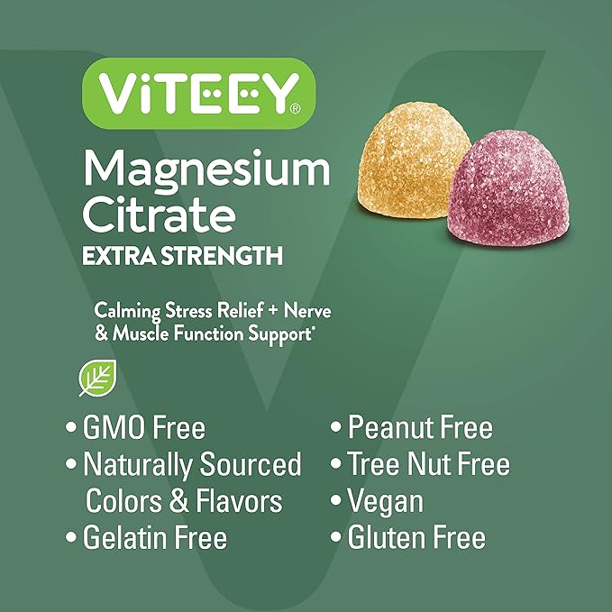 Magnesium Citrate Gummies for Adults & Teens - Extra Strength 170mg, Supports Calm Mood, Optimal Relaxation, Muscle Function - Vegan, Gelatin Free - Tasty Chewable Raspberry & Peach Flavored Gummy