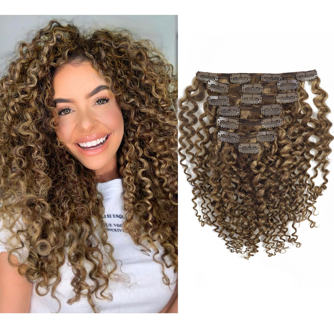 Lacer Clip In Human Hair Extensions Jerry Curly 3B 3C Curly Real Remy Human Hair Extensions For Black Women Highlighted Piano Ch