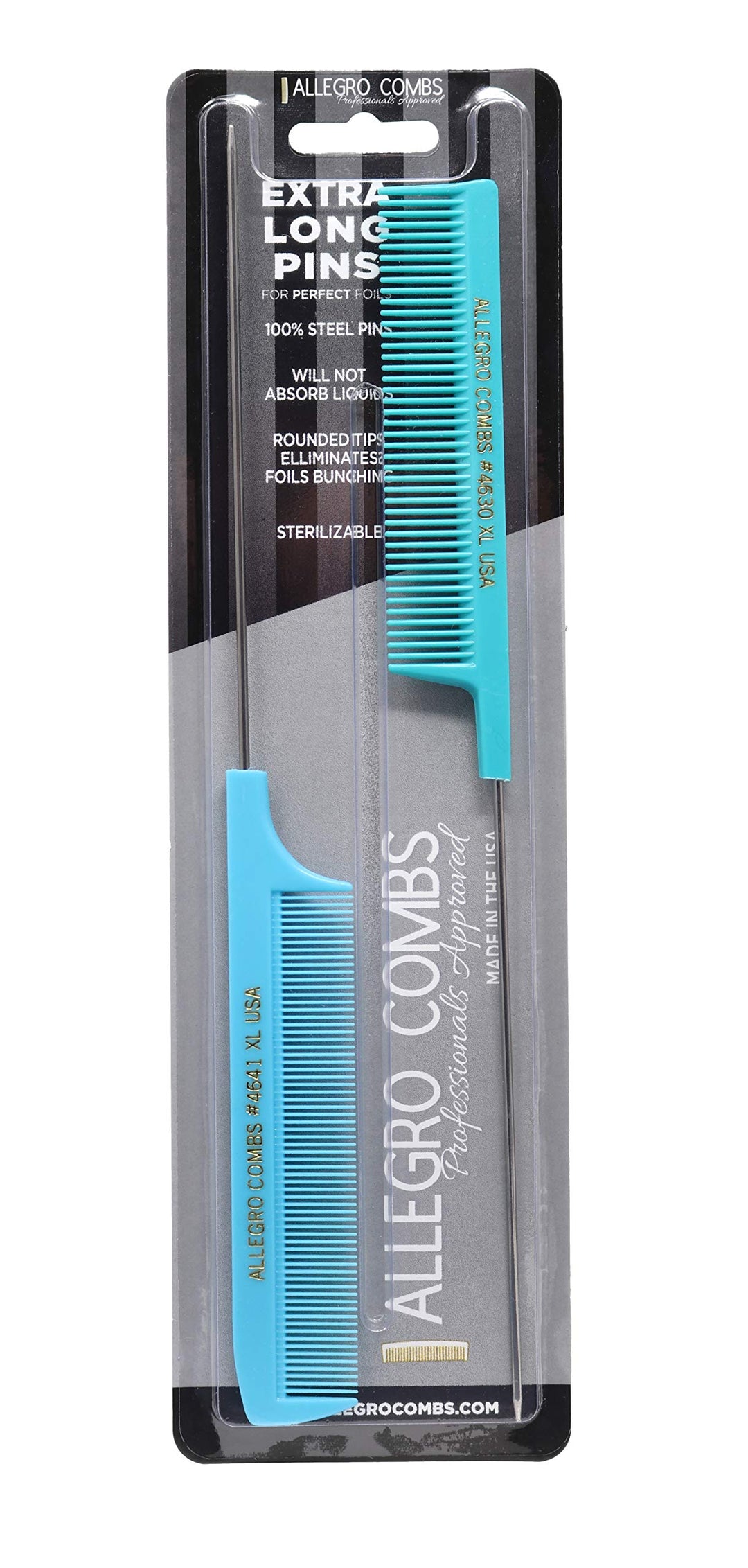 Allegro Xl Pintail Rat Tail & Parting Combs - Metal Tail Foiling & Pin Combs (2 Pc. Blue & Aqua)