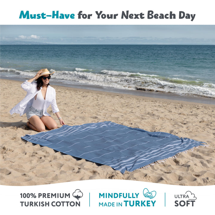 WETCAT Turkish Beach Blanket Sandproof 82x82, Soft 100% Turkish Cotton Blanket, Extra Large Sand Free Picnic Blankets & Beach Essentials – Blue