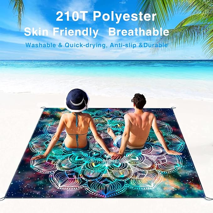 Beach Blanket, Waterproof Sandproof Beach Mat Oversized 79 X 83 Inch for 4-6 Adults, Lightweight Picnic Blanket, Portable Picnic Mat for Outdoor Travel Camping Hiking with 4 Stakes & 4 Corner Pocket