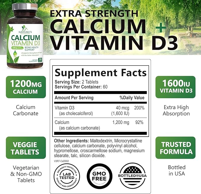Calcium Supplement with Vitamin D - 1200 mg Calcium Carbonate with 1600 IU of D3 Vitamins - Supports Bone Strength, Teeth & Immune System - Natural & Easily Absorbable for Women & Men - 120 Tablets