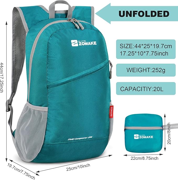 ZOMAKE Lightweight Packable Backpack 20L, Foldable Backpacks Small Daypack for Hiking Water Resistant Day Bag for Travel