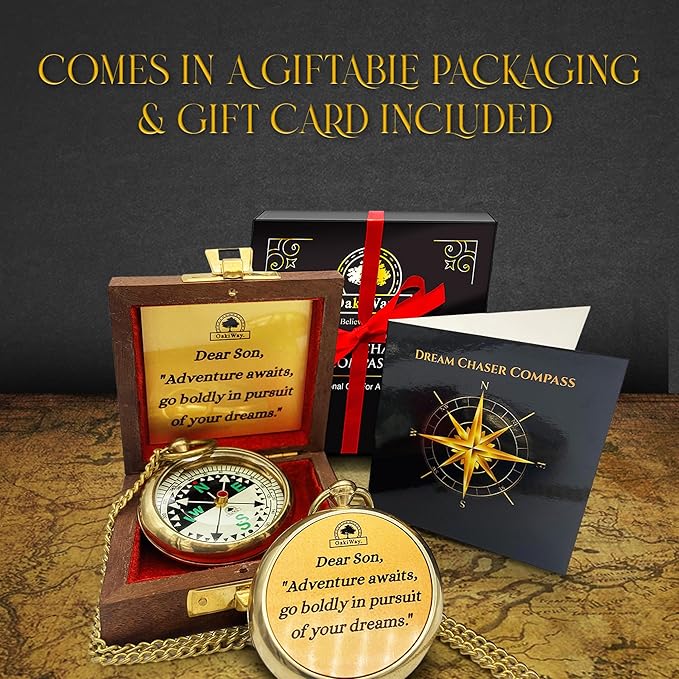 The Dream Chaser Compass in Wooden Box - 2025 Graduation Gifts for Him, College, High School, Birthday Gift Idea for Son, Boys, Daughter - Greeting Card Included, Inspirational, Motivational Present