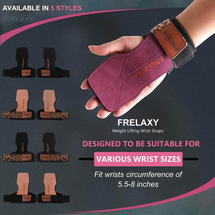 Frelaxy lifting Grips Women and Men, Weight lifting Wrist Straps with Cushion Wrist Loop, Double Layer Leather, and Storage Pouch, Gym Gloves for Deadlift and Powerlifting (Purple/Leopard)