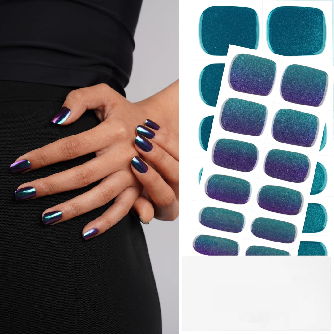 DANNI & TONI Semi Cured Gel Strips Chrome (Lapis Luster) Holographic Stickers Gradient Mirror Semicured Wraps 28 Pieces