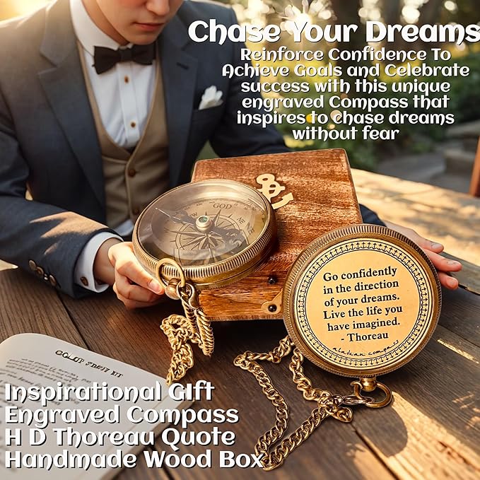 Inspiration Gift for Men Women Engraved Compass - Go Confidently - Thoreau Quote, You're Awesome Employee, Coworker Meaningful Gift for him her