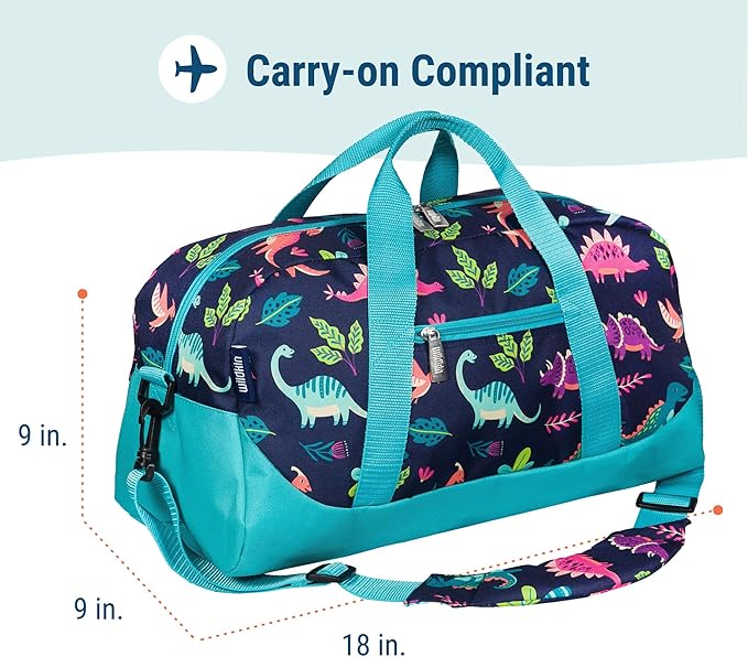 Wildkin Kids Overnighter Duffel Bag – Carry-On Size, Ideal for School & Sleepovers – Darling Dinosaurs