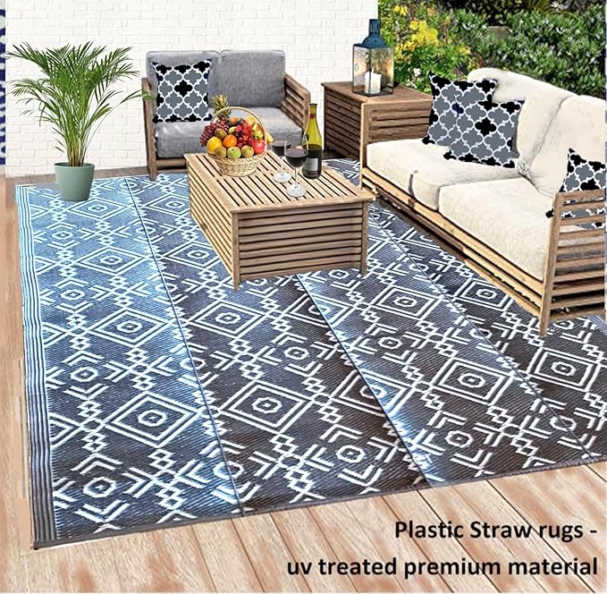 BalajeesUSA Outdoor Area Rug - 9x18 feet, Grey, Reversible mats, Recycled Plastic Straw Rugs, Outdoor Patio Rugs Clearance, Waterproof, Large RV Camper Mats 7063