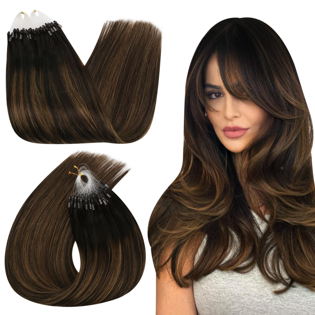Ugeat 22 Inch Microlink Loop Hair Extensions Balayage Brown Ombre Light Brown Mix Darkest Brown Hair Extensions Real Human Hair