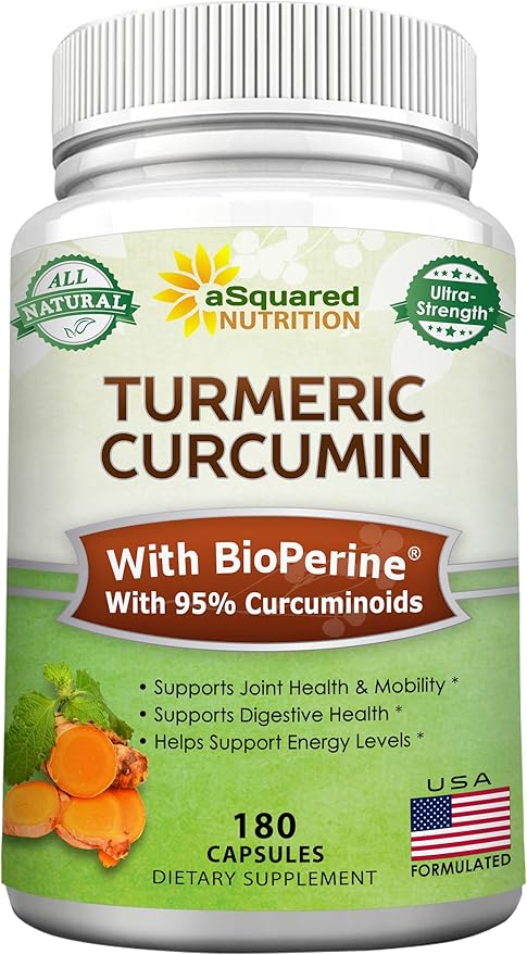 aSquared Nutrition Turmeric Curcumin 1600mg with BioPerine Black Pepper Extract - 180 Capsules with 95% Curcuminoids, 100% Natural Tumeric Root Powder Supplements, Natural Joint Stiffness Relief Pills