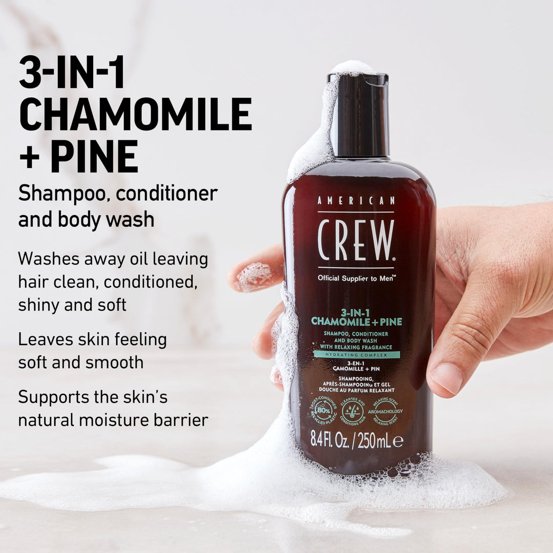 AMERICAN CREW 3-IN-1 CHAMOMILE + PINE Shampoo, Conditioner and Body Wash, 8.4 Fl Oz (Pack of 1)