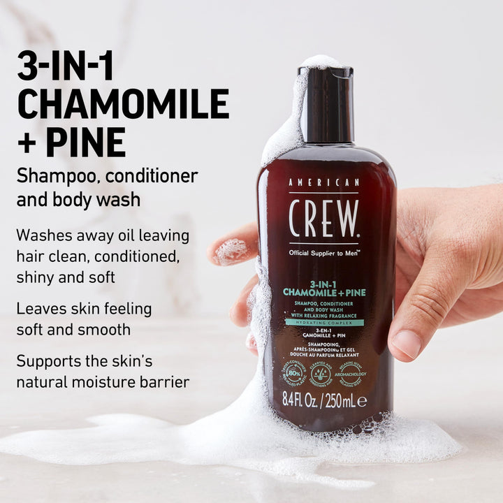 AMERICAN CREW 3-IN-1 CHAMOMILE + PINE Shampoo, Conditioner and Body Wash, 8.4 Fl Oz (Pack of 1)