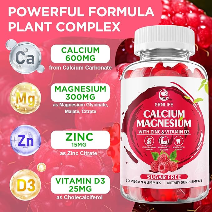 Calcium Magnesium Zinc Gummies with Vitamin D3, Sugar Free Calcium Gummies for Women Men, High Potency Magnesium Gummies for Bone & Muscle & Immune Health, Raspberry Flavor - 120 Count