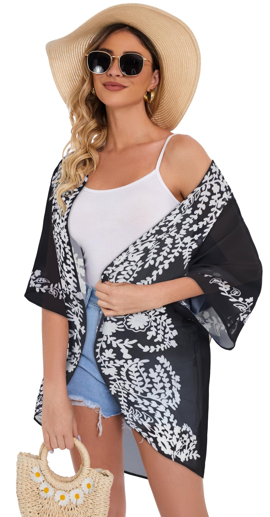 Womens Floral Kimono Cardigans Beach Cover Tops Loose Puff Sleeve Casual Blouse (C Black Flower, S)