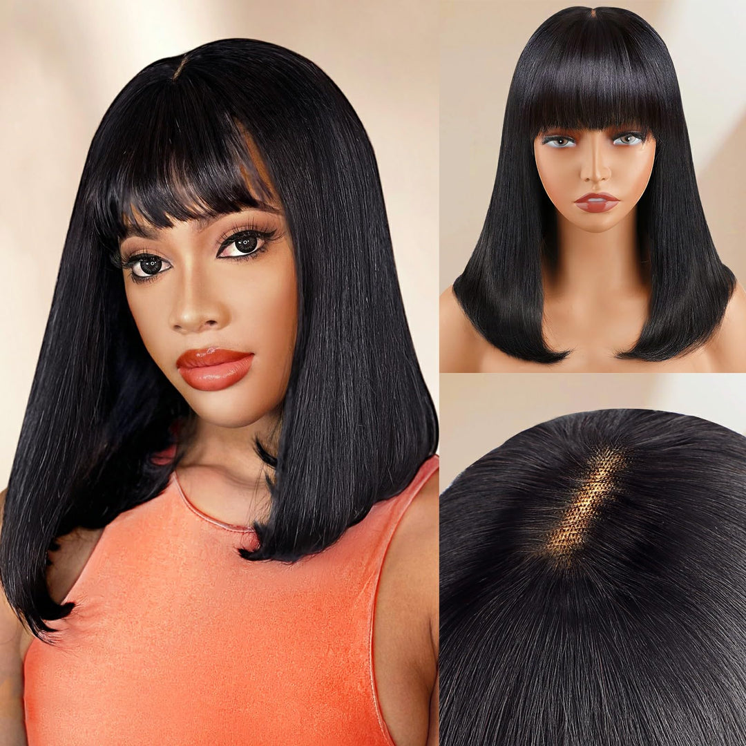 Bob Wig with Bangs Human Hair 4x2 Lace Bob Wig Human Hair with Bangs 180% Density Glueless Bang Bob Wigs Human Hair Wig For Women Natural Black(16 Inch,Bob With Bangs)