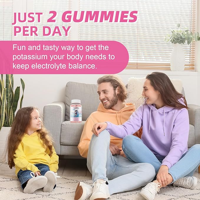 Potassium Gummies Supplement Men Women - High Potassium Citrate Gummies Sugar Free for Adults Kids Support Leg Cramps Electrolyte Balance Vegan Non-GMO Organic Strawberry Flavor 60 Counts