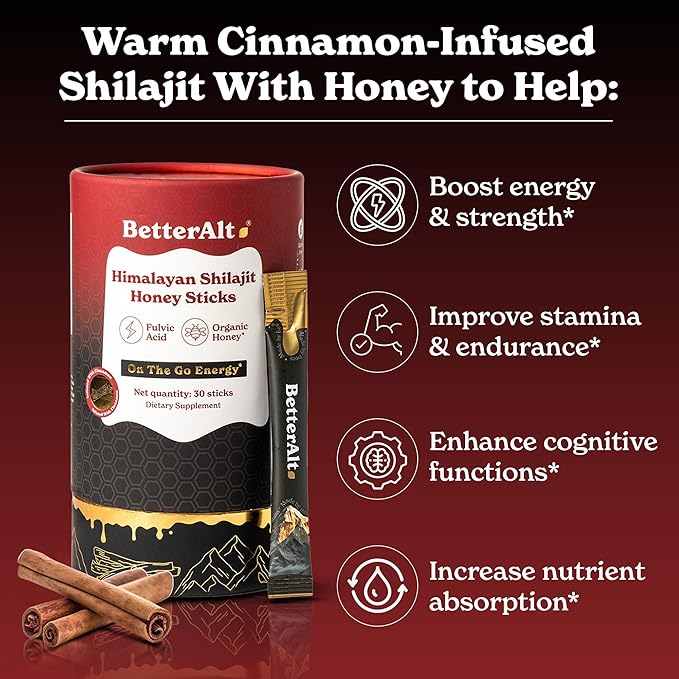 Better Alt Pure Himalayan Shilajit Cinnamon Honey Sticks with Organic Honey, Saffron | Easy to Consume Shilajit| 30 Sticks for Energy Boost & Immune Support, 85+ Trace Minerals, 75%+ Fulvic Acid