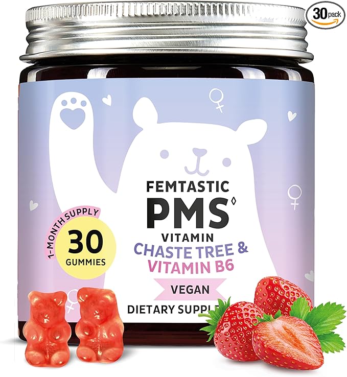 PMS Support Supplement for Women. Menstrual Relief Gummies to Target Hormonal Breakouts, Bloating, Period Cramps, & Mood Swings. Vegan, with Vitamin B6 & Lemon Balm, 30 Gummies