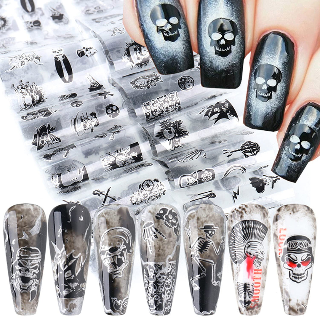 Punk Skull Nail Foil Transfer Stickers Decals Nail Art Foils Skeleton Skull Pirate Holographic Nail Art Film Design For Women Gi