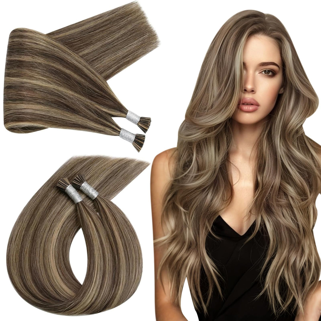 Ugeat Brown Itip Hair Extensions Itip Human Hair Extensions Dark Brown Highlight Caramel Brown I Tip Real Human Hair Extensions