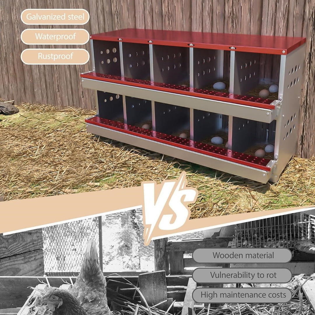 Lumiparty Chicken Nesting Box, 10 Compartment Metal Nesting Boxes for Hens Laying Eggs, Red