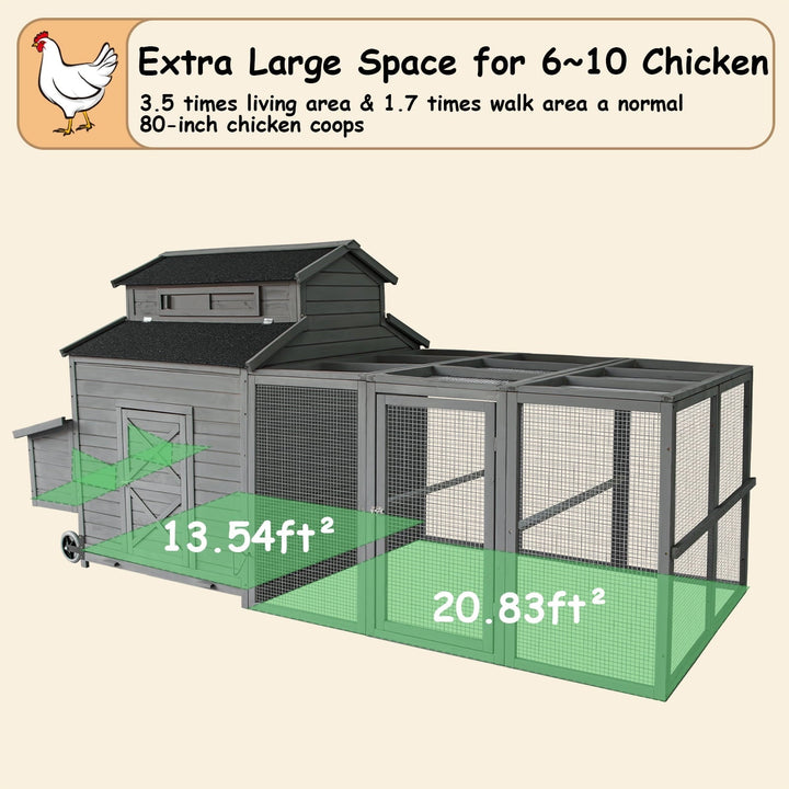 Chicken Coop for 6-10 Chickens, 112" Extal Large Chicken Coops, with Chicken Run & Nesting Box & Secure Enclosure, Outdoor Wooden Hen House Hutch for Rabbit, Poultry Pet, Duck
