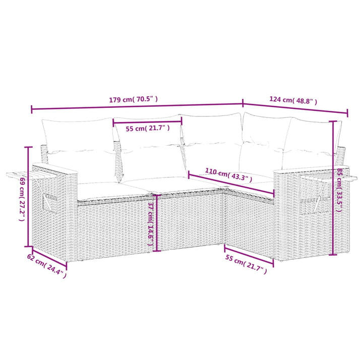 vidaXL Garden Sofa Set Grey PE rattan Large Adjustable Feet
